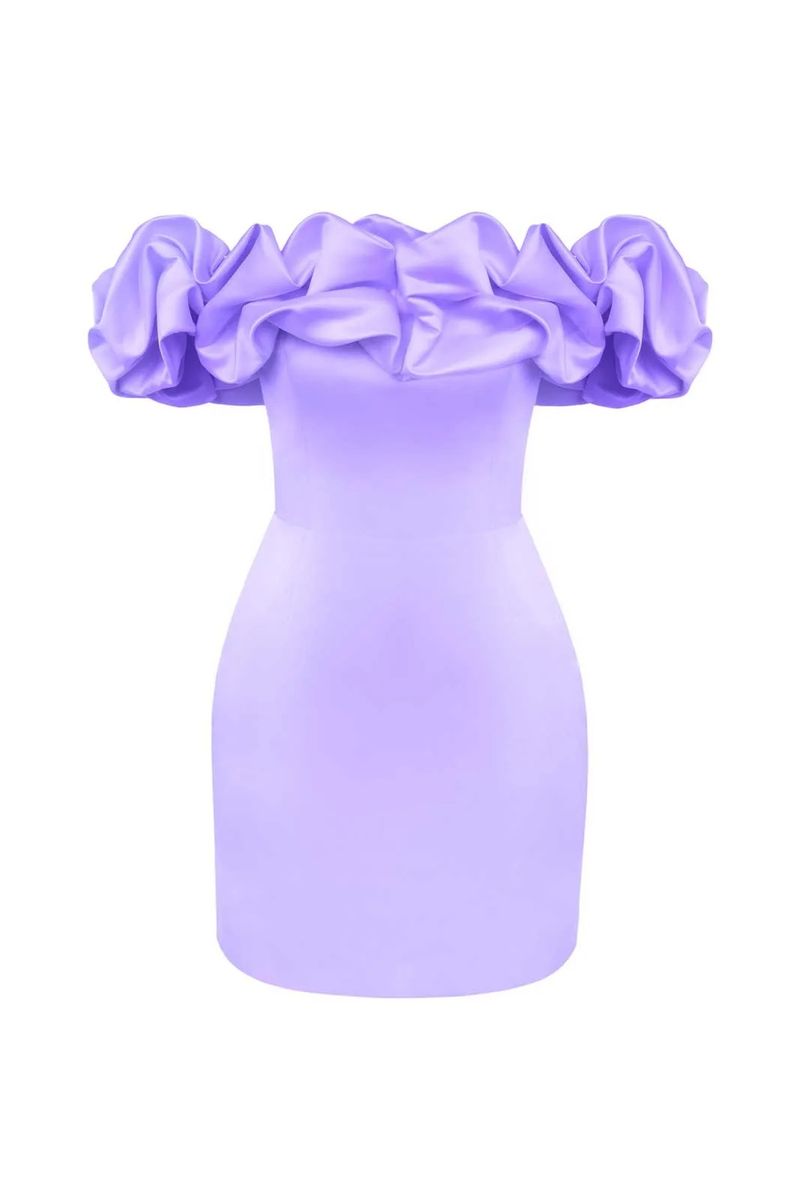 Women's dress Solid color strapless shoulder wooden ear skirt Dinner party dance dress_voghion.com