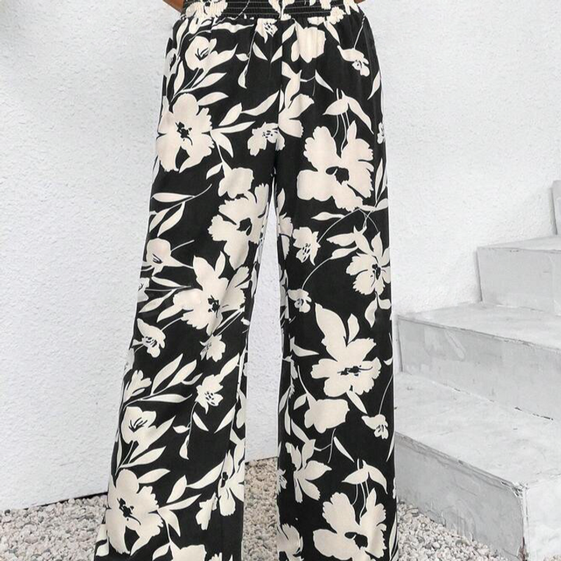 Pantalones de mujer nuevos, informales, sencillos, cómodos, de cintura alta, con estampado floral y pierna ancha._voghion.com