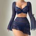 Set di lingerie sexy da donna, in rete trasparente, con maniche a campana, reggiseno push-up, minigonna e perizoma, 3 pezzi_voghion.com