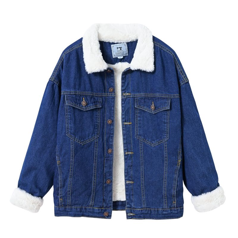 Giacca da donna in denim foderata in pile, calda e calda, con collo in pelliccia sintetica di coniglio, casual, blu, oversize, con spalle scese_voghion.com
