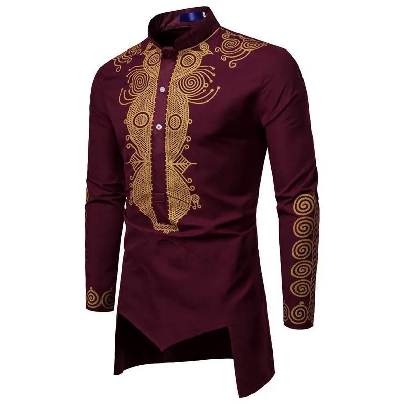 Chemise musulmane à col montant et imprimé doré pour homme, taille moyenne, blanche_voghion.com