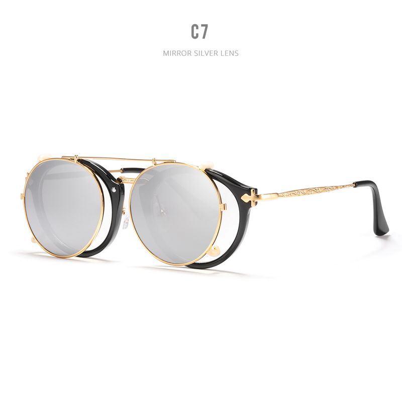 Gafas de sol casuales de moda transfronteriza para mujer Gafas de sol de metal con chaqueta de espejo plano a estrenar Gafas de sol de uso dual europeas y americanas_voghion.com