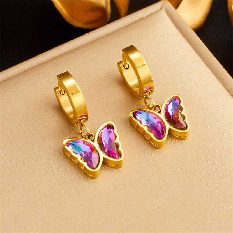 Women’s Jewelry Fashion Niche Retro Design Colorful Purple Rhinestone Butterfly Gold Plated Titanium Steel Pendant Accessories Earrings_voghion.com