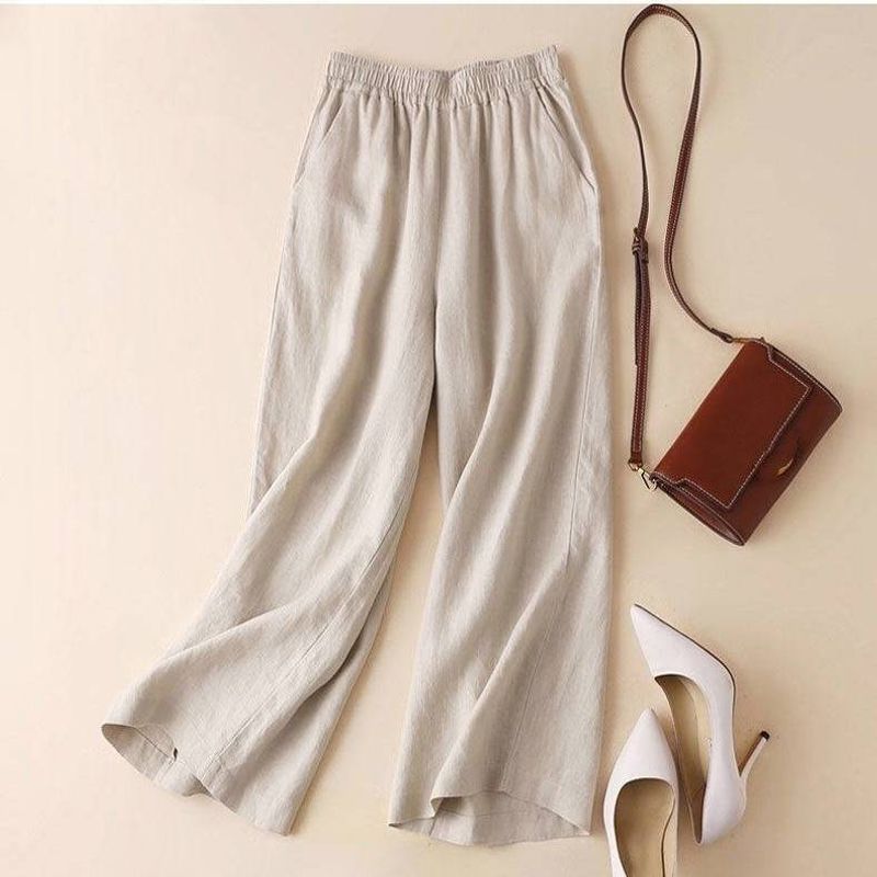 Vêtements pour femmes pantalons à jambes larges en coton et lin pantalons décontractés amples à neuf points, pantalons droits taille haute_voghion.com