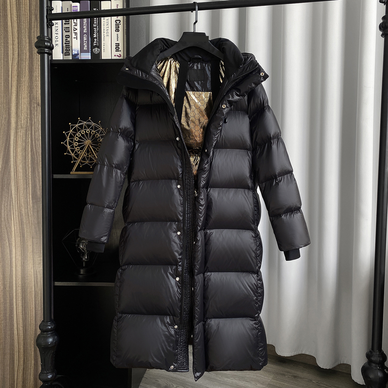 Women's Clothing Winter New Black Gold New National Standard White Duck Down Mid Length Down Jacket Women's Temperament Hooded Windproof Over Knee_voghion.com