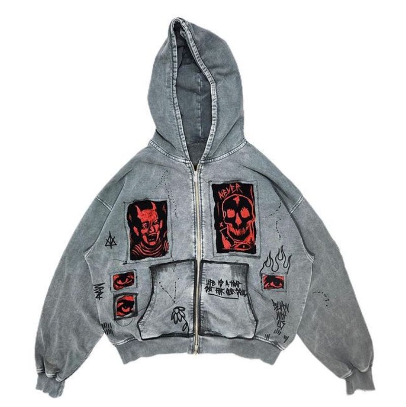 [GraffitiSoul] Unisex Oversized Hoodie - Vintage Demon Patchwork | Y2K Streetwear_voghion.com