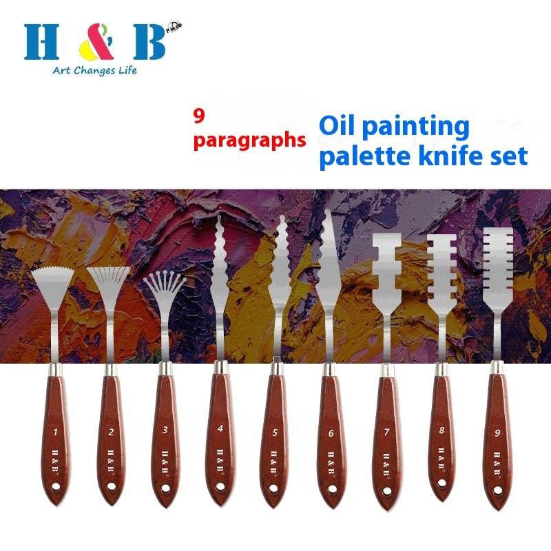 Professionele set paletmessen van roestvrij staal voor olie- en acrylverf - 9 unieke vormen, houten handvat, kunstenaarsgereedschap voor het mengen van canvas_voghion.com