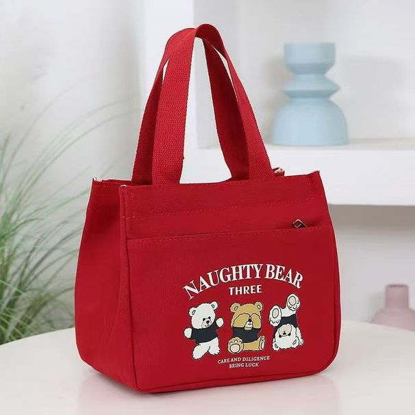 ladies Cartoon Bear Printing Large Capacity Lunch Box Bag Office Staff Handbag_voghion.com