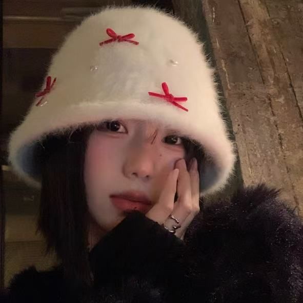 Women's Rabbit Fur Bow Plush Fisherman's Hat, Fall/Winter 2025 New Bucket Hat_voghion.com