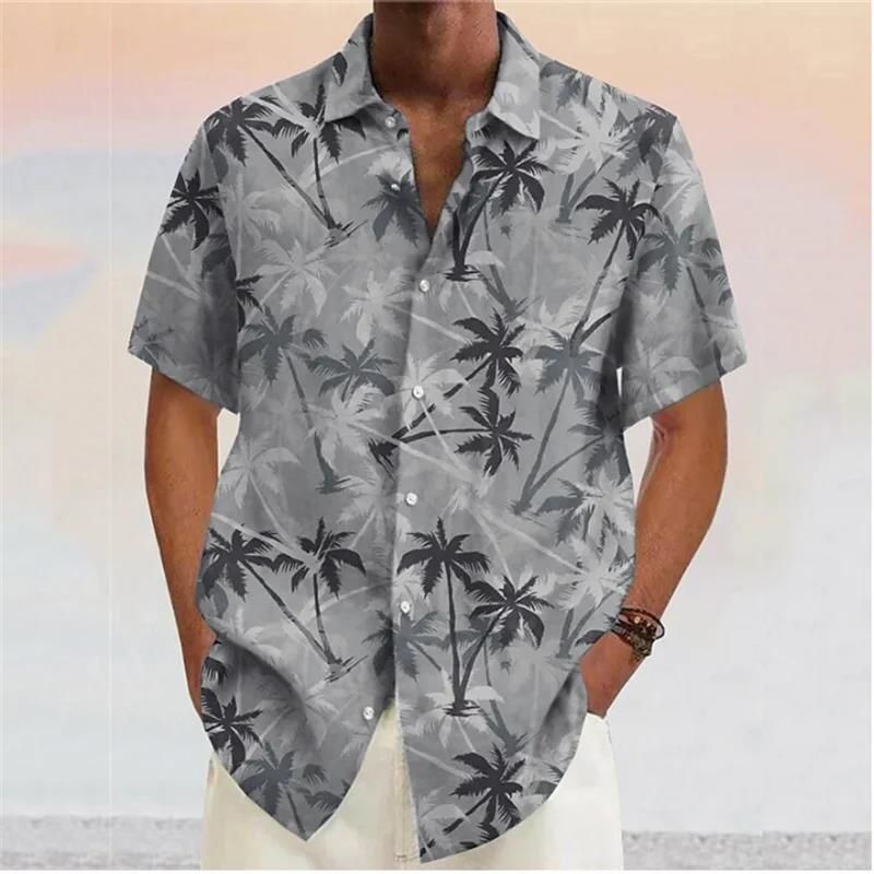Sommer Herren Hawaiihemd Blau Kokosnussbaum Kurzarm T-Shirt Lässig Revers Bedruckt Herren Mode Knopf Strand Bluse Kleidung_voghion.com
