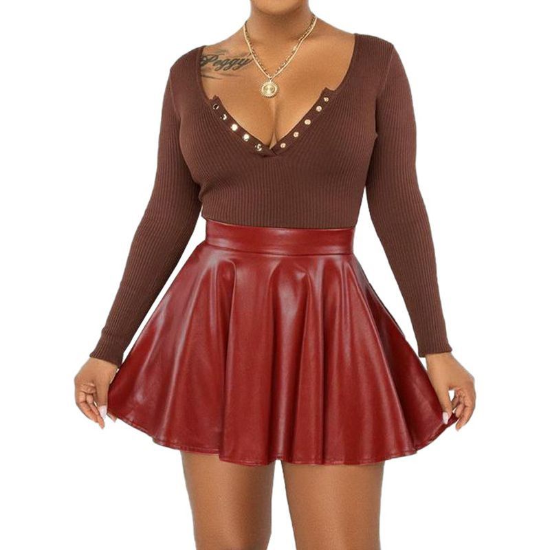 Mini-jupe en PU pour femme – Jupe parapluie trapèze sexy pour les soirées et les rendez-vous galants_voghion.com