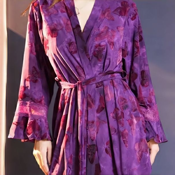 Sexy Lace Plus Size Romantic Nightgown With Purple Floral Suspender And Deep V-design, Combining Comfort And Temptation-M_voghion.com