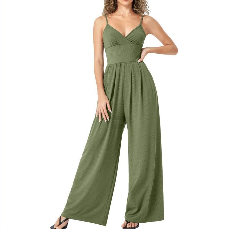 2023 New Solid Color V-Neck Sexy Straight Strap Casual Women's Jumpsuit_voghion.com