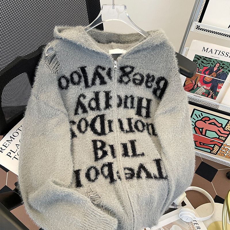 Herbst und Winter neue Retro Distressed Design Buchstaben Strickjacke Reißverschlussjacke Herren Kapuzenpullover High-End-Feeling_voghion.com