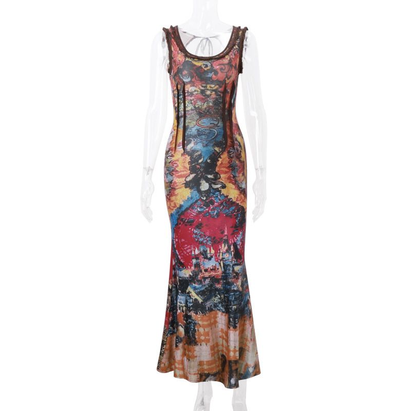 Damenbekleidung Millennial Hottie Retro-Graffiti-Print U-Ausschnitt High Waist Hosenträgerkleid_voghion.com
