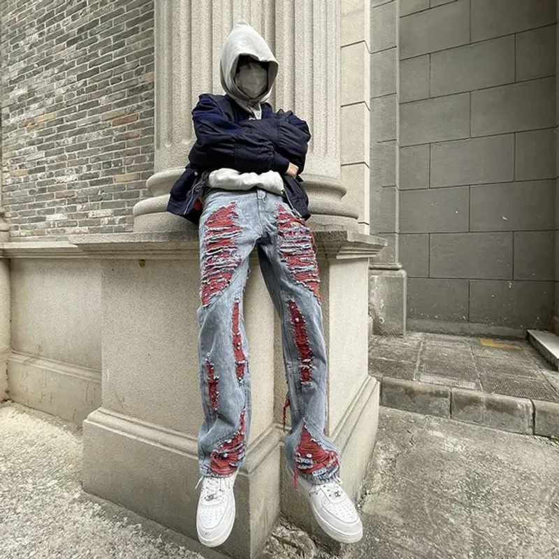 Men's Printed Baggy Jeans For Men Vintage Light Blue Loose Fit Vaqueros Y2K Hombre Fashion Casual Distressed Wash_voghion.com