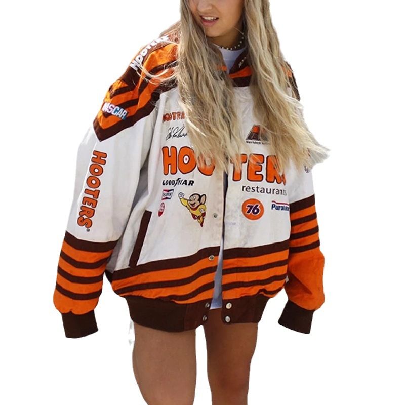 Women's Clothing 2023 Spring and Autumn New Sports Style Orange Printed Casual Loose Long Sleeve Windbreaker Jacket_voghion.com