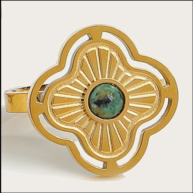 Ins natural tiger stone four leaf flower titanium steel does not fade, gold-plated simple and versatile open ring_voghion.com