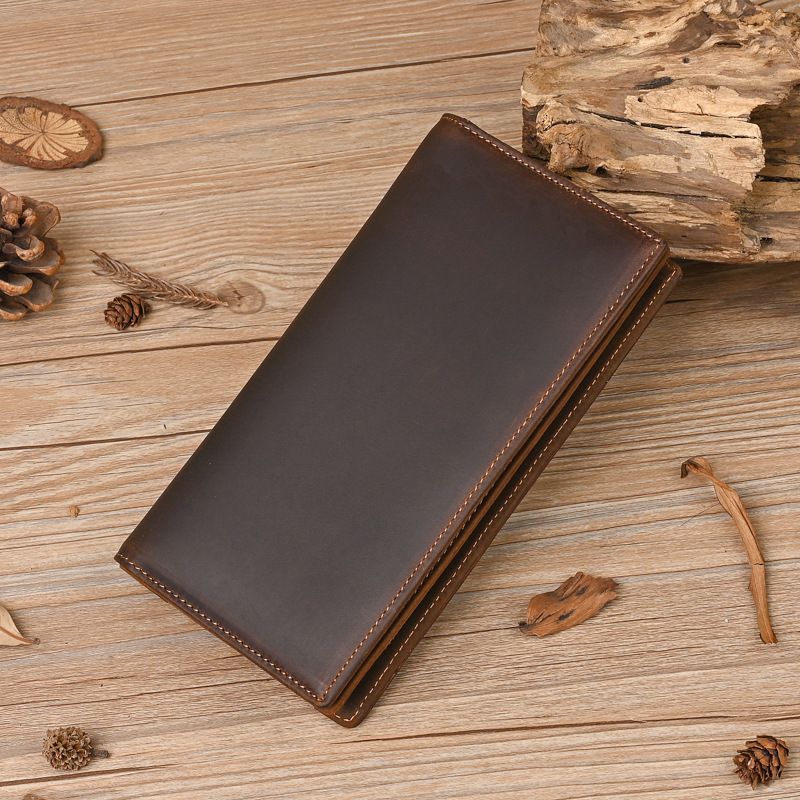 Portafoglio lungo da uomo in pelle Crazy Horse con cerniera e strato superiore in pelle di vacchetta, sconto dell'80%, con più scomparti per carte e cinturino da polso_voghion.com