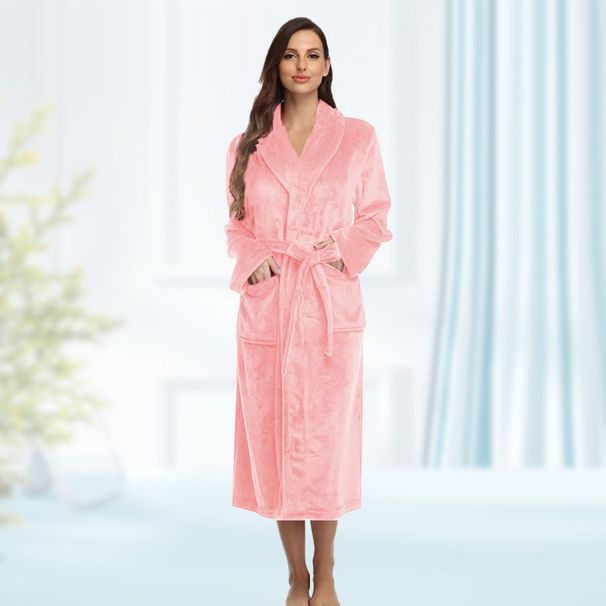 Solid Color Fleece Bathrobe - Winter Plush Robe With Belt, One Size Fits Most (115x55cm), Couple’s Matching Loungewear_voghion.com