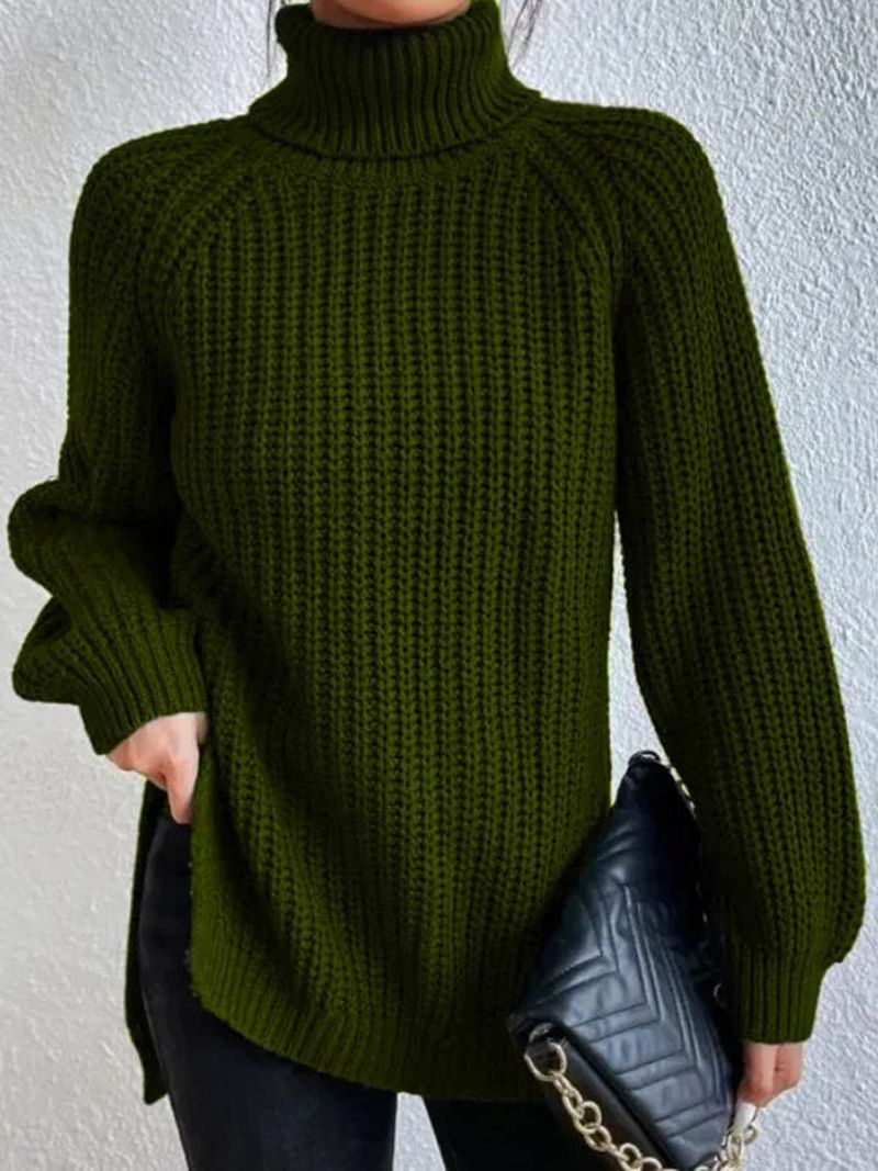 Damenbekleidung Herbst und Winter neuer Wunschpullover mittellange und lange Raglanärmel mit hohem Revers, geteiltes Pulloverkleid für Damen_voghion.com