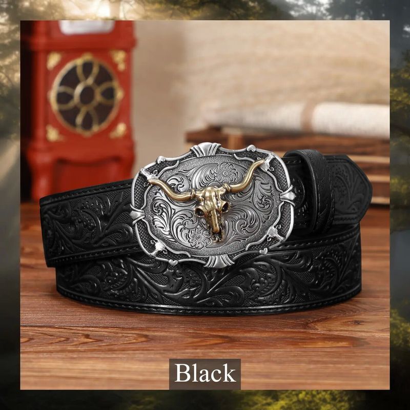 Western Cowboy Bull Head Men's Embossed American Style Trendy Jeans Belt Wholesale_voghion.com