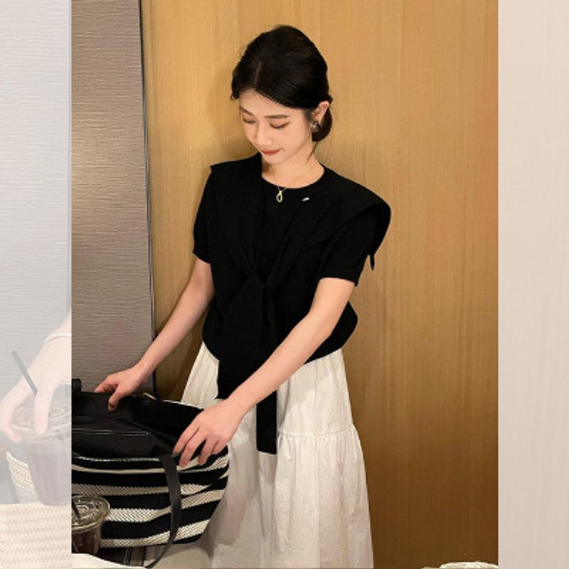 Pull tricoté à manches courtes pour femme, châle ample, jaune d'oie, haut tricoté de tempérament printanier_voghion.com