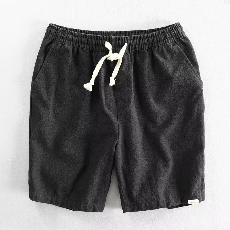 Pantaloncini da uomo tinta unita semplici elastici con coulisse in lino e cotone da spiaggia per il tempo libero larghi a cinque punti_voghion.com