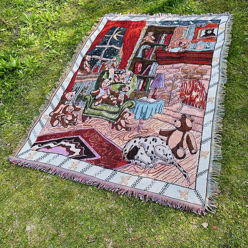 Christmas series cartoon single person towel knitted thread blanket mesh red tassel tapestry sofa mat_voghion.com