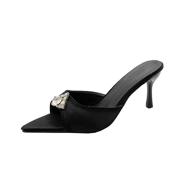 Sandálias de salto agulha com detalhes em pérolas - Sapatos femininos de salto alto com strass e bico fino para o verão_voghion.com