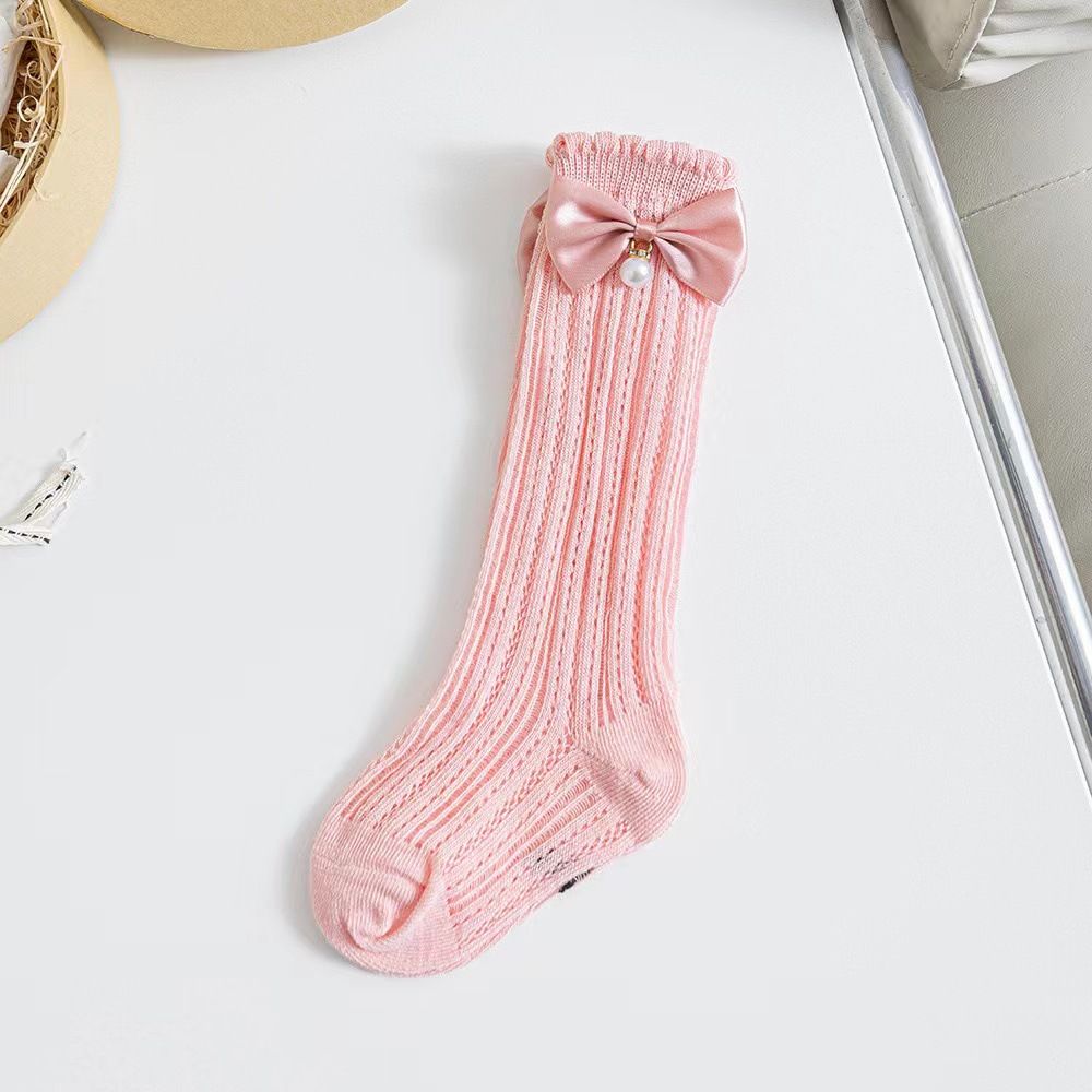 Kinderkleidung Neue vertikal gestreifte Damensocken mit Schleife und Perlen, Maid-Röhrensocken, süße Prinzessinnensocken aus Netzstoff für Kinder_voghion.com