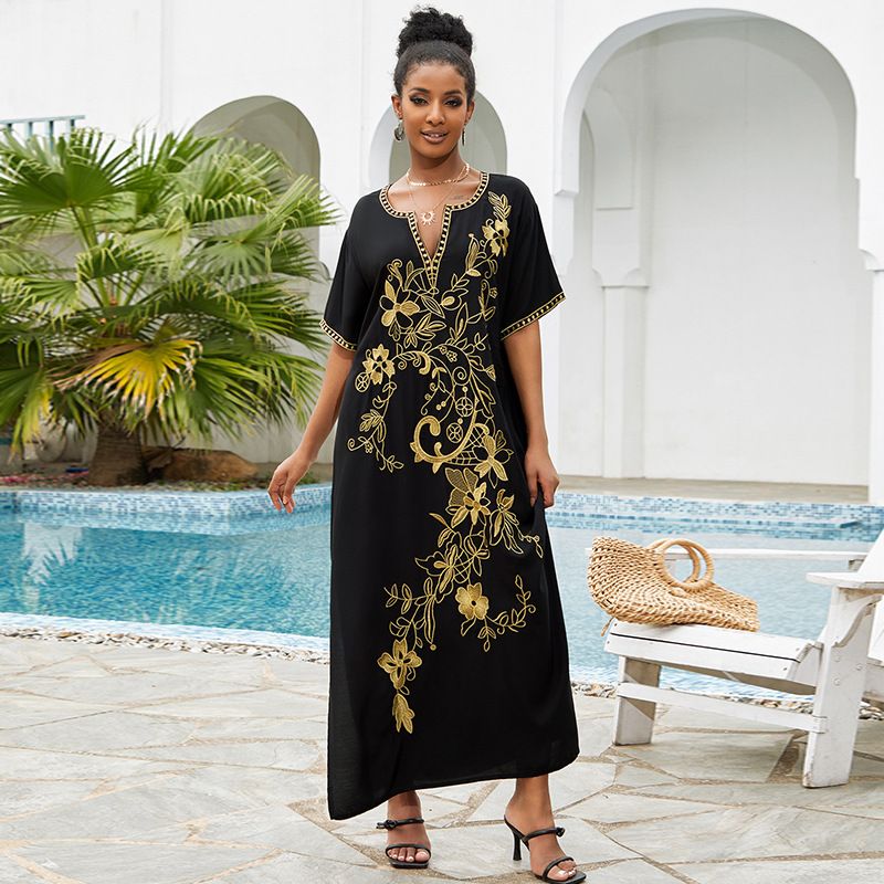 Bohemian Embroidered Beach Cover-Up – Flowy Maxi Dress (One Size, 100% Cotton, Handcrafted Stitching)_voghion.com