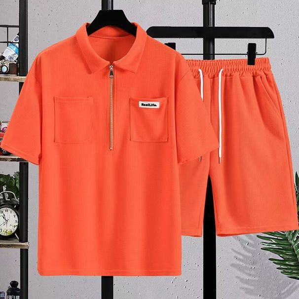 Herrenbekleidung Poloshirt mit halbem Reißverschluss, kurzärmelig, für den Sommer, Sport, gerade geschnittene Hose, Übergröße, zweiteiliger Freizeitanzug_voghion.com