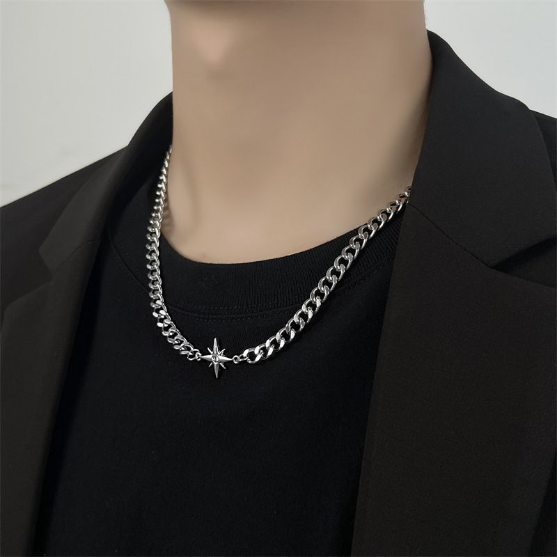 Eight-Pointed Zircon Star Titanium Steel Necklace Simple Versatile Cuban Chain High-End Hip-Hop Punk Accessory_voghion.com
