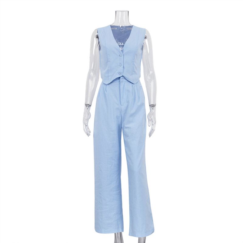 Vêtements d'été pour femmes, ensemble deux pièces décontracté en coton et lin, gilet sans manches et pantalon_voghion.com