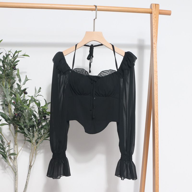 Camicia da donna con spalle scoperte, allacciatura sul retro, maniche lunghe, cinturino in chiffon, orecchie in legno, top corto con imbottitura per il petto_voghion.com