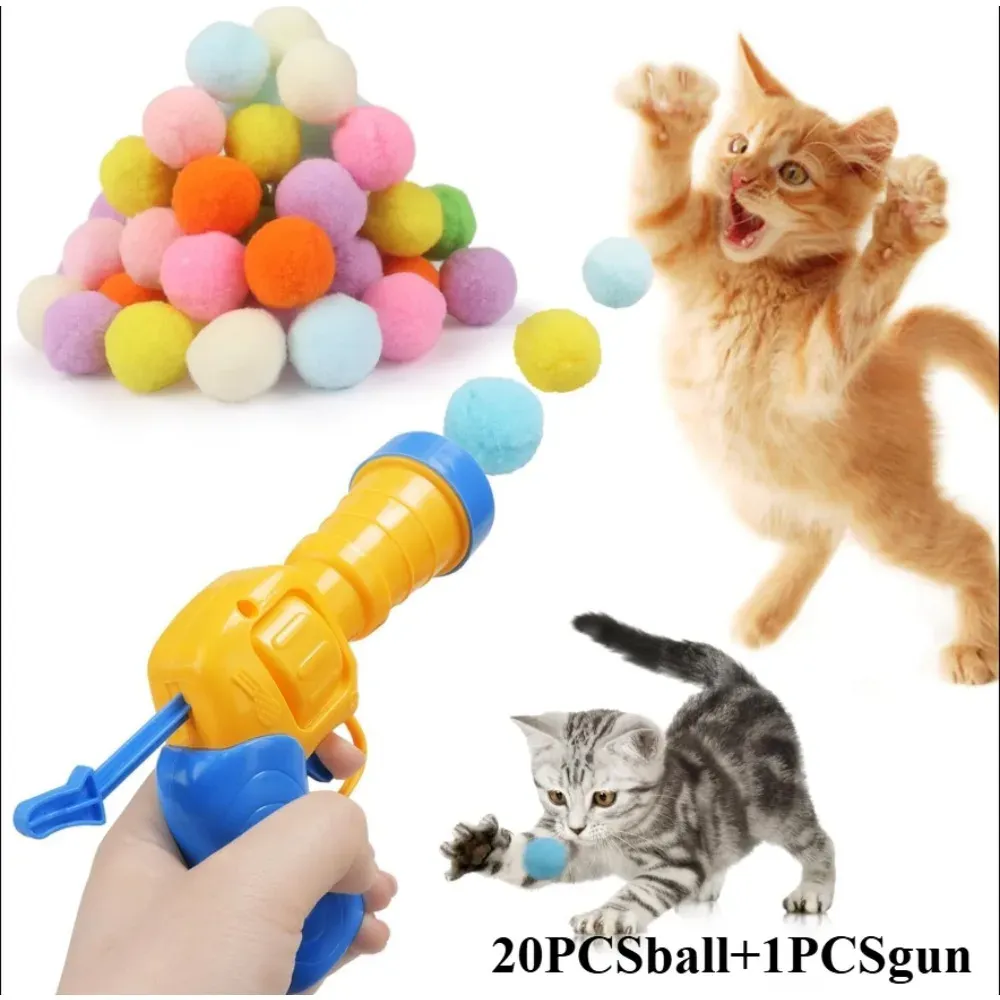 Kissanlelu värikkäillä pompom-palloilla ja pallonheittimellä, pehmolelupallot kissanpentujen koulutukseen ja leikkiin, lelu kotikissoille_voghion.com