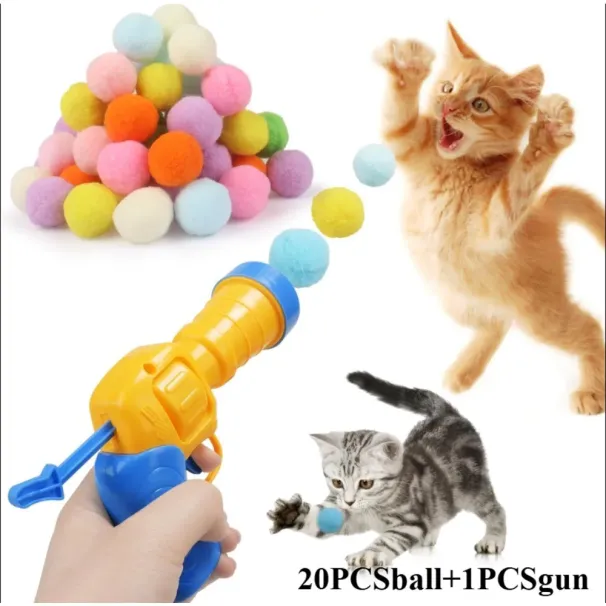 Kissanlelu värikkäillä pompom-palloilla ja pallonheittimellä, pehmolelupallot kissanpentujen koulutukseen ja leikkiin, lelu kotikissoille_voghion.com