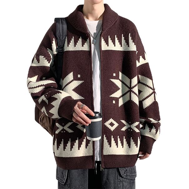 Herren-Strickjacke in Übergröße – Ethno-Muster, Business Casual, atmungsaktiv und maschinenwaschbar (Schwarz, Kaffeebraun, Weinrot)_voghion.com
