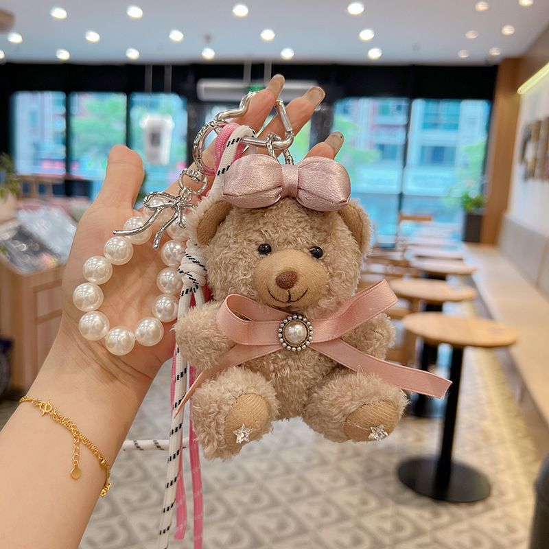 Porte-clés créatif en forme d'ours en peluche avec nœud papillon, pendentif décoratif pour sac, poupée de dessin animé perlée_voghion.com