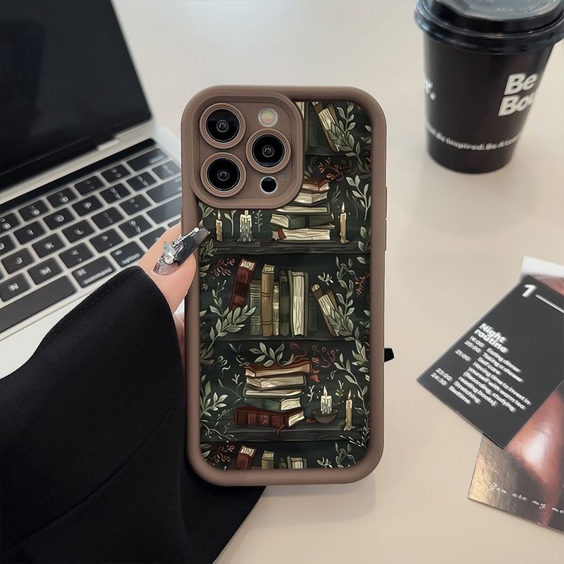 Bicherregal Kreativt Muster Telefonshülle fir iPhone 11 12 13 14 15 16 Pro Max 16E XS X XR 7 8 Plus SE 2022 Schockbeständeg Weichhülle_voghion.com