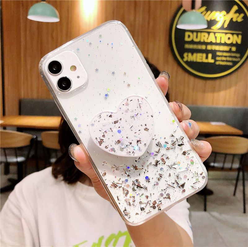 Glitter Stars Heart Fold Holder Telefon Taske Til Samsung Galaxy A52 A53 A72 A73 A13 A12 A22 A32 4G 5G Blødt Silikone Stander _voghion.com
