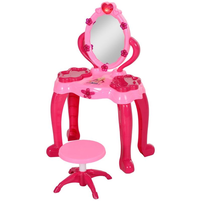 Qaba Kids Vanity Set With Mirror And Stool, Light And Sound, 15 Accessories, Pink_voghion.com