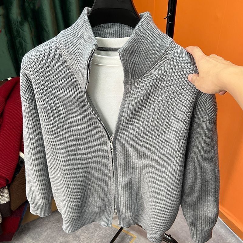 Pull zippé en maille pour homme – Cardigan tendance coupe ajustée, polyester extensible et respirant, col ras du cou avec motif en maille torsadée_voghion.com