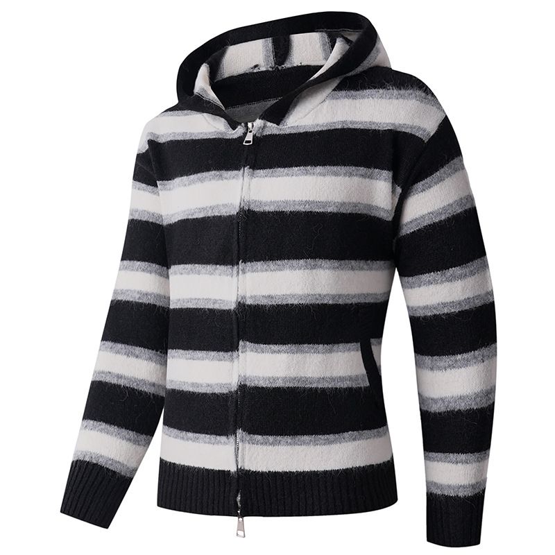 Men's Clothing Thick Knit Sweater Hoodie With Striped Color Block Design - Warm Winter Pullover (White Stripe, Black Stripe, Blue Stripe)_voghion.com