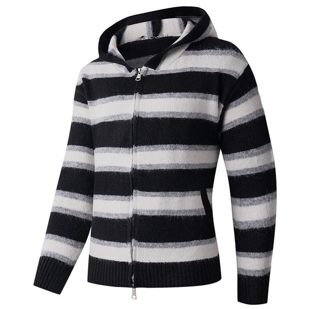 Men's Clothing Thick Knit Sweater Hoodie With Striped Color Block Design - Warm Winter Pullover (White Stripe, Black Stripe, Blue Stripe)_voghion.com