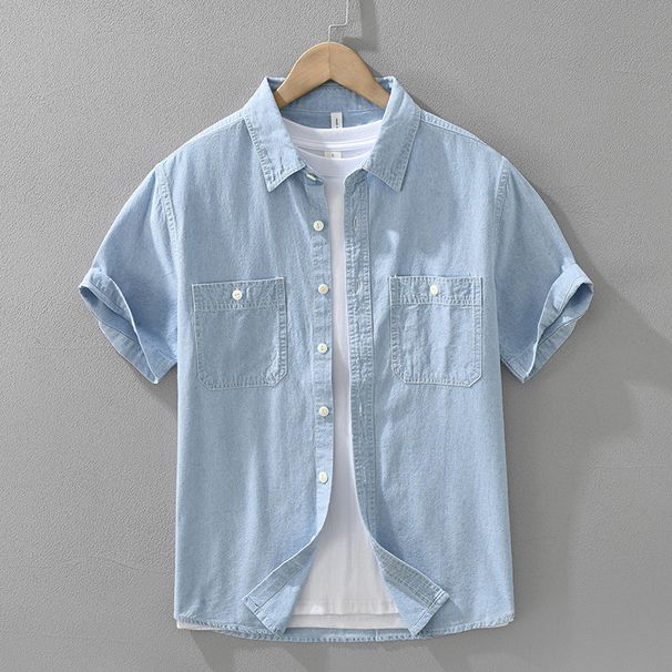 Camicia a maniche corte in denim retrò per uomo, alla moda e versatile, top largo artistico e casual_voghion.com