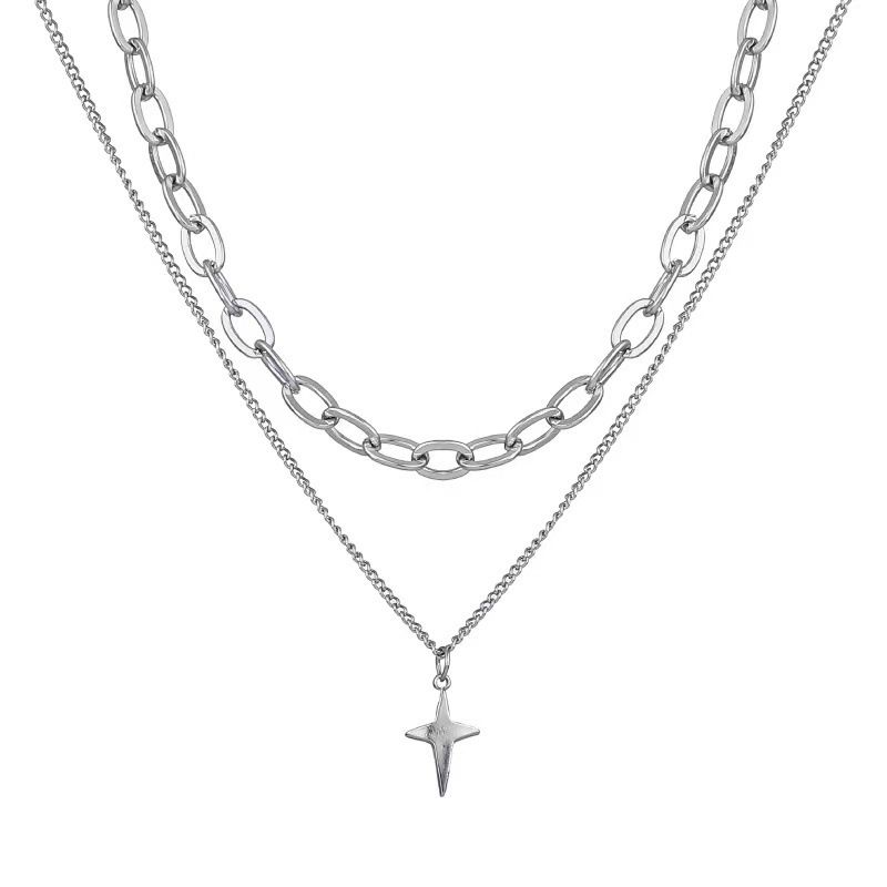 Collana a strati con stella a quattro punte e doppio strato di celebrità di Internet Ins per donna, maglietta felpa di nicchia_voghion.com