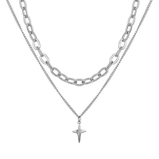 Collana a strati con stella a quattro punte e doppio strato di celebrità di Internet Ins per donna, maglietta felpa di nicchia_voghion.com