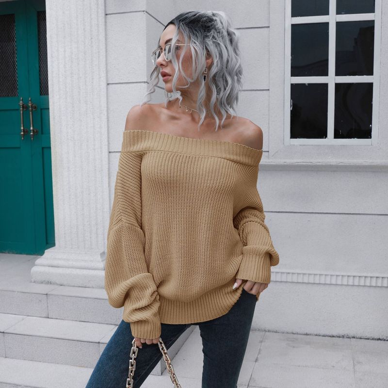 Schulterfreier Pullover mit einreihigem Kragen für Damen, locker sitzender, langärmliger Strickpullover für Herbst und Winter, neu_voghion.com